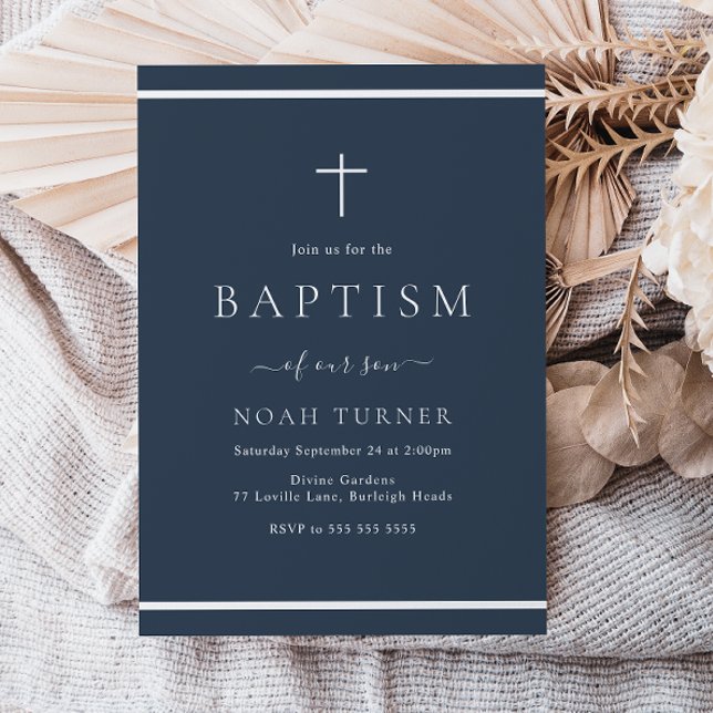 Modern Navy Blue Baptism White Border Invitation (Creator Uploaded)