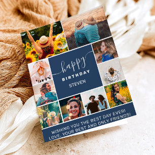Modern navy blue birthday 10 photo collage grid card