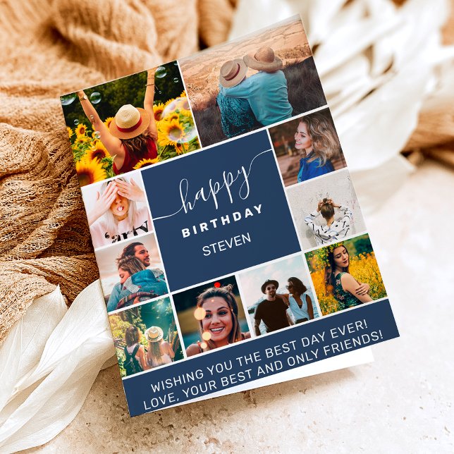Modern navy blue birthday 10 photo collage grid card (Creator Uploaded)