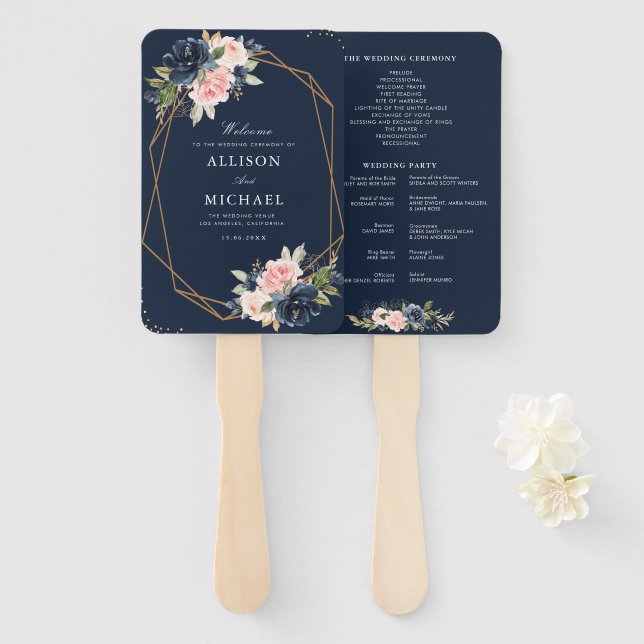 Modern navy blue & bllush pink wedding program hand fan (Front and Back)