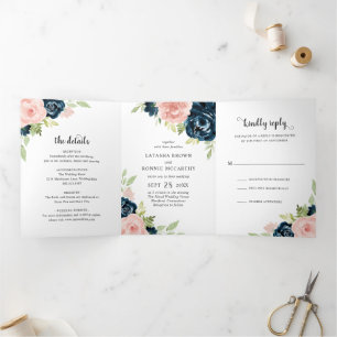 Modern Navy Blue Blush Pink Floral Elegant Wedding Tri-Fold Invitation