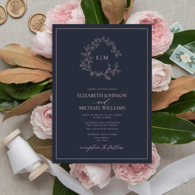 Modern Navy Blue Blush Pink Monogram Wedding Invitation (Creator Uploaded)