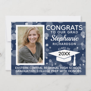 Modern Navy Blue Bokeh Bubbles Photo Graduation Invitation