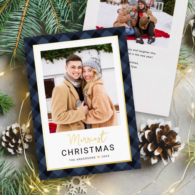 Modern Navy Blue Buffalo Plaid Christmas Photo Foil Holiday Card (Creator Uploaded)