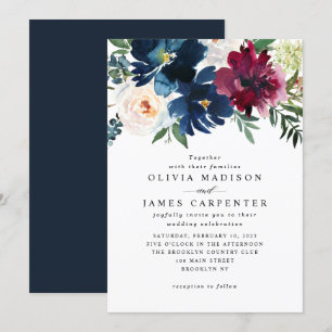 Modern Navy Blue Burgundy Floral Botanical Wedding Invitation