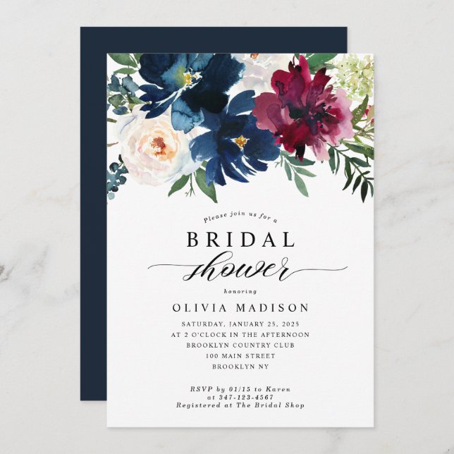 Modern Navy Blue Burgundy Floral Bridal Shower Invitation (Front/Back)