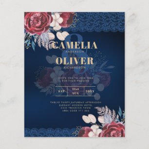 Modern Navy Blue Burgundy Floral Lace Wedding Flyer