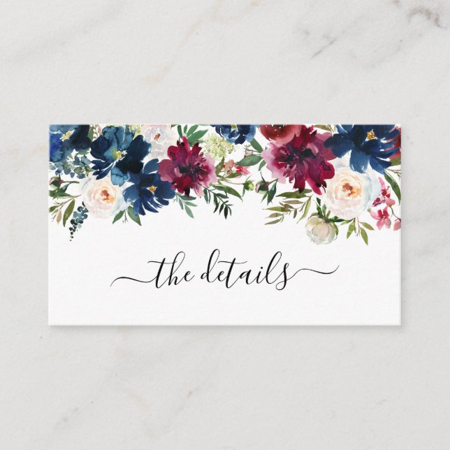 Modern Navy Blue Burgundy Floral Wedding Details Enclosure Card (Front)