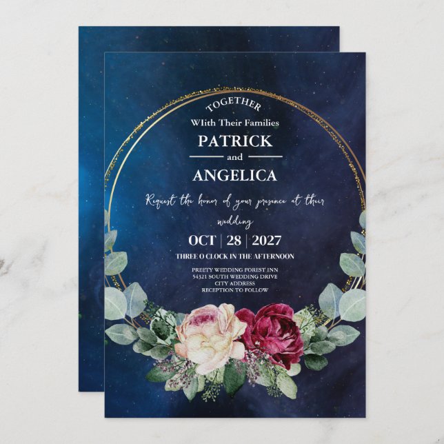 Modern Navy Blue Burgundy Gold Blush Pink Wedding Invitation (Front/Back)