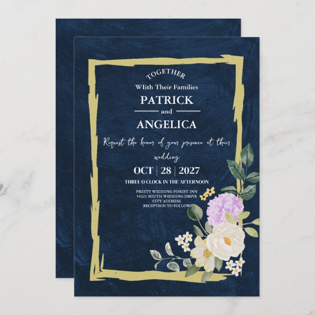 Modern Navy Blue Burgundy Gold Blush Pink Wedding Invitation (Front/Back)