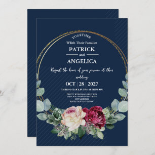 Modern Navy Blue Burgundy Gold Blush Pink Wedding Invitation