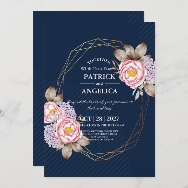 Modern Navy Blue Burgundy Gold Blush Pink Wedding Invitation (Front/Back)