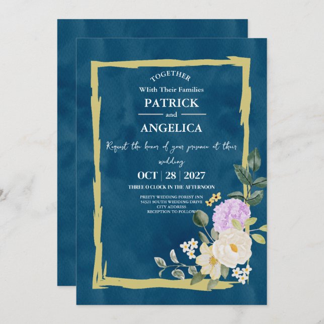 Modern Navy Blue Burgundy Gold Blush Pink Wedding Invitation (Front/Back)