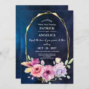 Modern Navy Blue Burgundy Gold Blush Pink Wedding Invitation