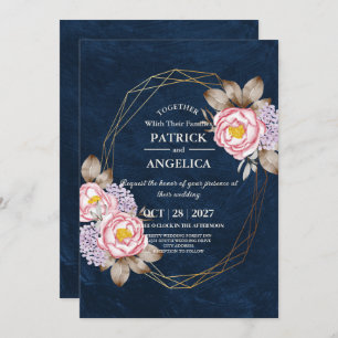 Modern Navy Blue Burgundy Gold Blush Pink Wedding Invitation