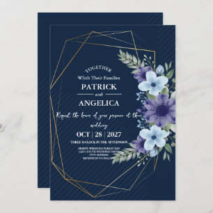 Modern Navy Blue Burgundy Gold Blush Pink Wedding Invitation
