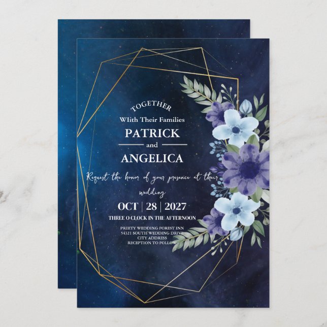 Modern Navy Blue Burgundy Gold Blush Pink Wedding Invitation (Front/Back)