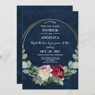 Modern Navy Blue Burgundy Gold Blush Pink Wedding Invitation