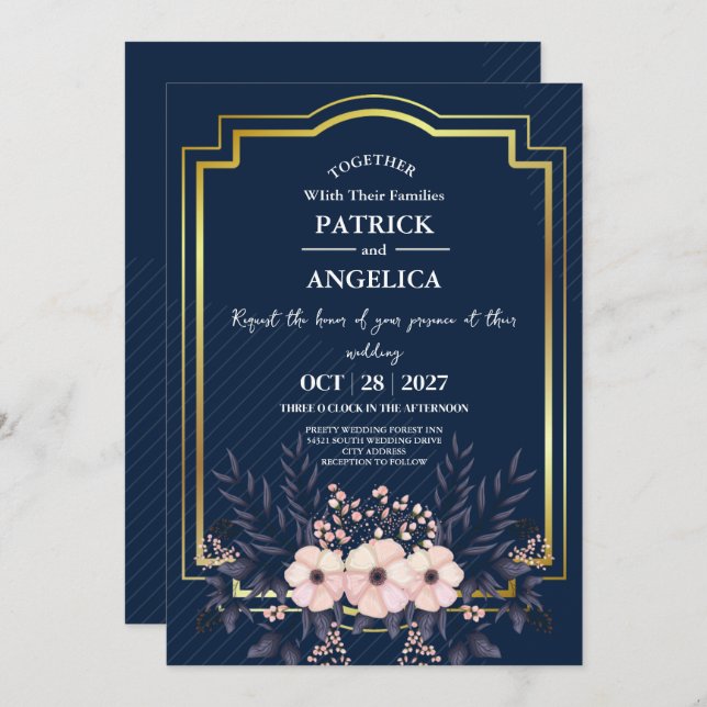 Modern Navy Blue Burgundy Gold Blush Pink Wedding Invitation (Front/Back)