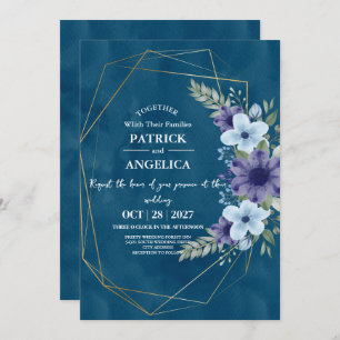 Modern Navy Blue Burgundy Gold Blush Pink Wedding Invitation