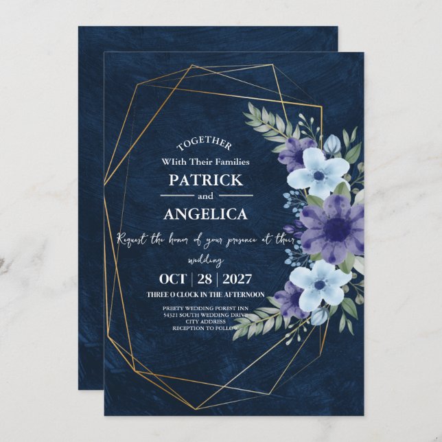 Modern Navy Blue Burgundy Gold Blush Pink Wedding Invitation (Front/Back)