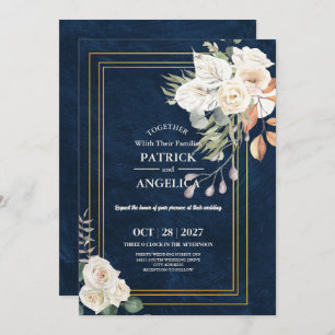 Modern Navy Blue Burgundy Gold Blush Pink Wedding Invitation