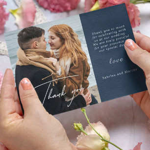 Modern Navy Blue Calligraphy Photo Wedding Postcard