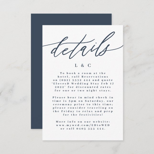 Modern Navy Blue Calligraphy Wedding Details RSVP Card (Front/Back)