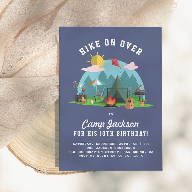 Modern Navy Blue Camping Birthday Party Invitation (Creator Uploaded)