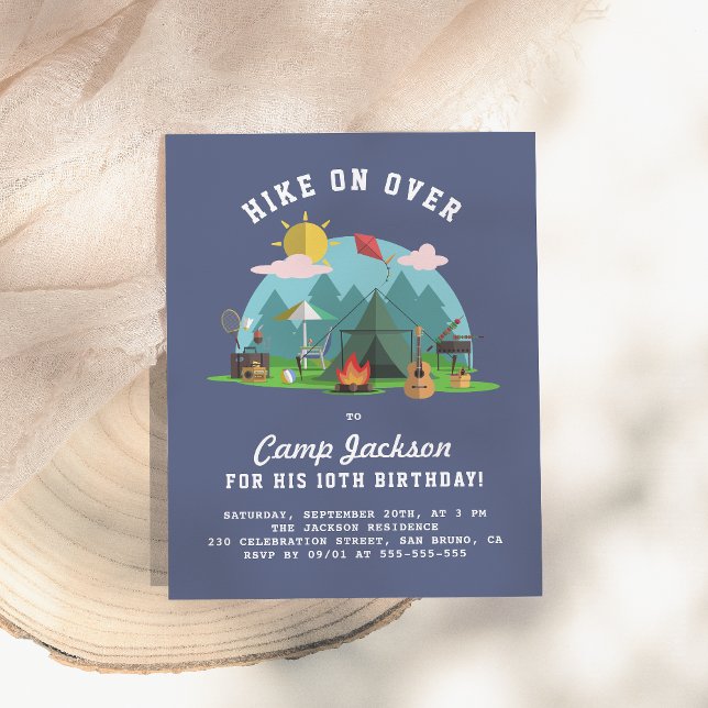 Modern Navy Blue Camping Birthday Party Invitation Postcard (Creator Uploaded)