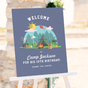 Modern Navy Blue Camping Birthday Party Welcome Poster