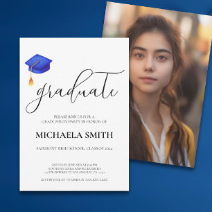 Modern Navy Blue Cap High School Photo Graduation Invitation