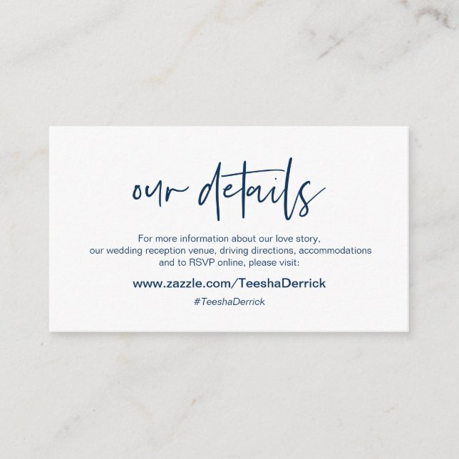 Modern Navy Blue casual elegance font, Our Details Enclosure Card (Front)