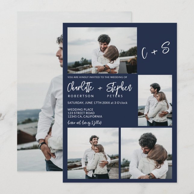 Modern navy blue casual initials 5 photos wedding invitation (Front/Back)