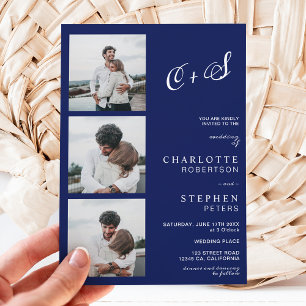 Modern navy blue casual initials photo wedding invitation