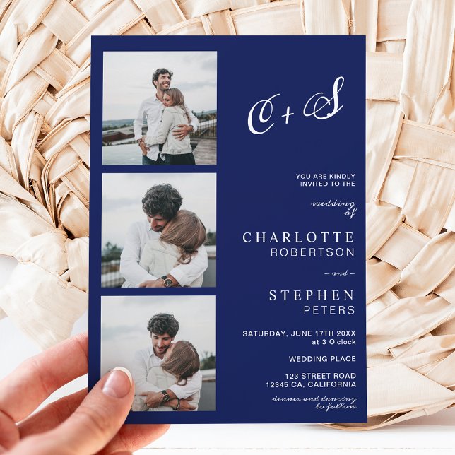 Modern navy blue casual initials photo wedding invitation (Creator Uploaded)
