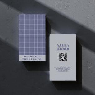 Modern Navy Blue Chequered Pattern QR Code  Business Card