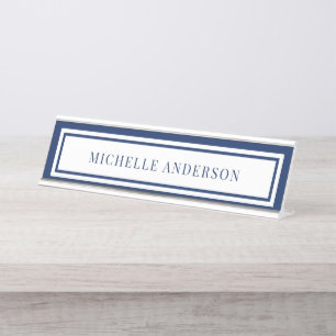 Modern Navy Blue Chic Double Boarder Elegant Desk Name Plate