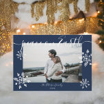 Modern navy blue Christmas script snowflakes photo Holiday Card<br><div class="desc">Modern simple Christmas script snowflakes photo on navy blue</div>