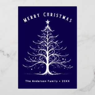 Modern Navy Blue Christmas Tree Custom Name Foil Holiday Card
