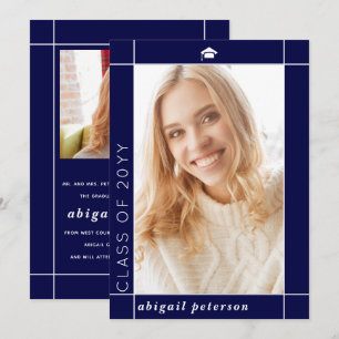 Modern navy blue Class of 2025 graduation photo Announcement