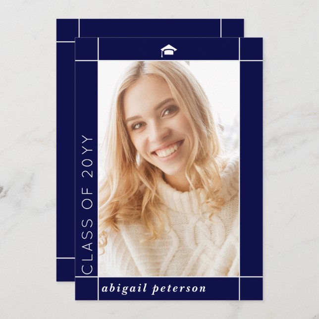 Modern navy blue Class of 2025 graduation photo Announcement (Front/Back)