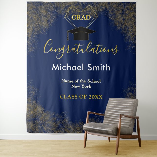 Modern Navy Blue Classy Gold Grad Photo Backdrop  Tapestry (In Situ)
