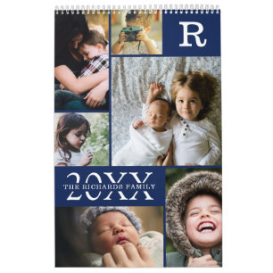 Modern Navy Blue Colour Block Family Photo Collage Calendar