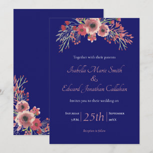 Modern Navy Blue Coral Peony Floral Wedding Invitation