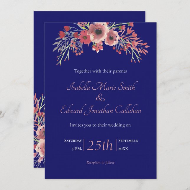Modern Navy Blue Coral Peony Floral Wedding Invitation (Front/Back)