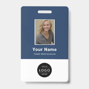 Modern Navy Blue Corporate Photo Logo Barcode ID Badge
