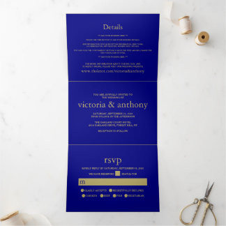 Modern Navy Blue & Crimson Red Wedding Suite Tri-Fold Invitation