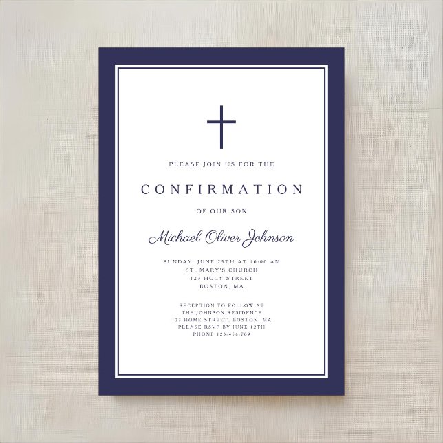 Modern Navy Blue Cross Boy Confirmation Invitation (Modern Navy Blue Cross Boy Confirmation Invitation)