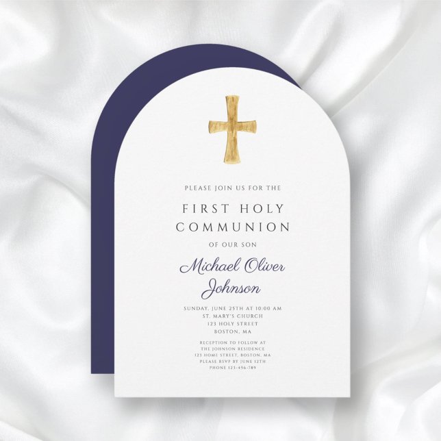 Modern Navy Blue Cross Boy First Communion Arch Invitation (Modern Navy Blue Cross Boy First Communion Arch Invitation)